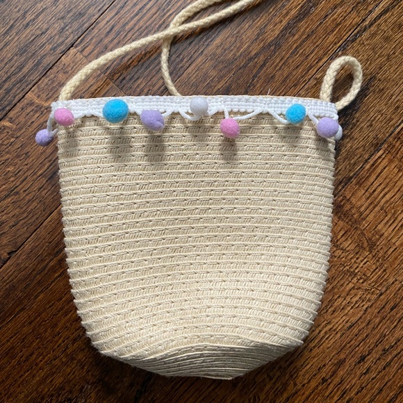 Crossbody Bag Kid Purse Woven PomPom accents Cream Pastel Pink Blue White Purple - Picture 5 of 10